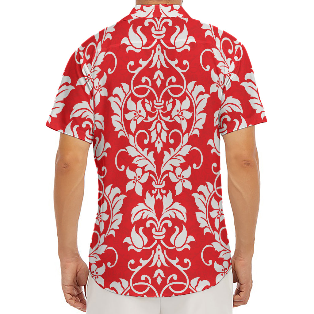 Red And White Damask Pattern Print Men's Deep V-Neck Shirt