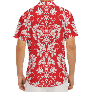 Red And White Damask Pattern Print Men's Deep V-Neck Shirt