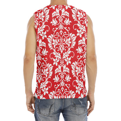 Red And White Damask Pattern Print Men's Fitness Tank Top