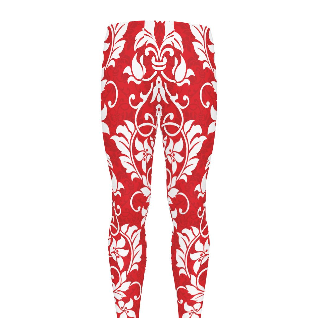 Red And White Damask Pattern Print Men's leggings