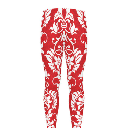 Red And White Damask Pattern Print Men's leggings