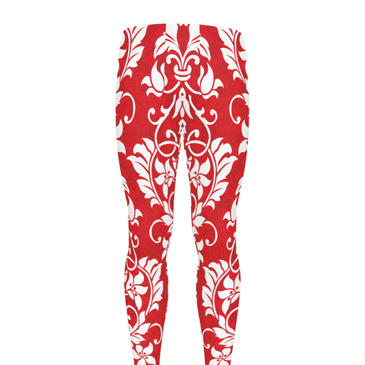 Red And White Damask Pattern Print Men's leggings