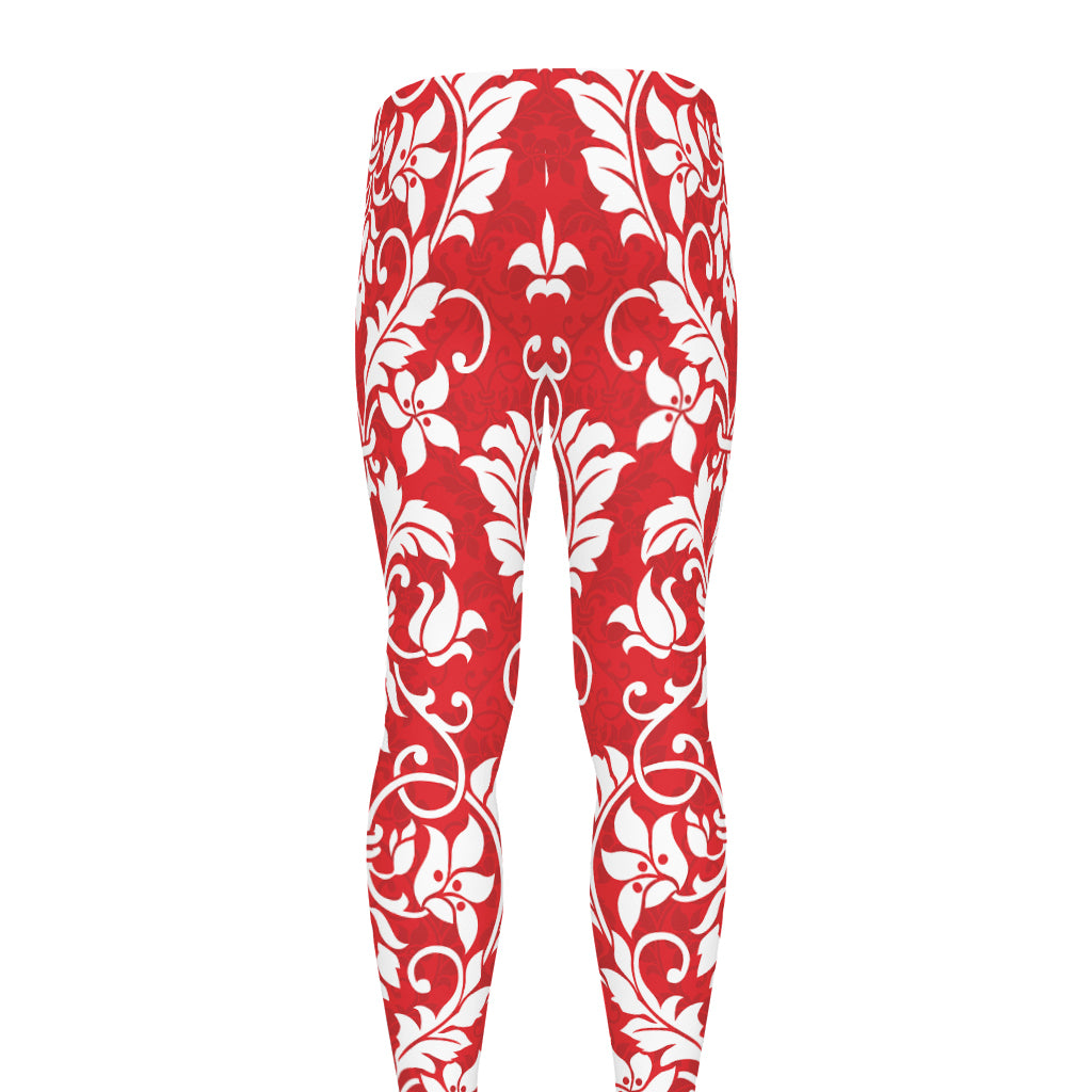 Red And White Damask Pattern Print Men's leggings