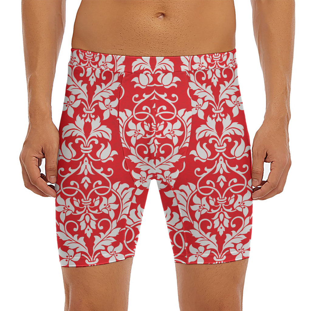 Red And White Damask Pattern Print Men's Long Boxer Briefs