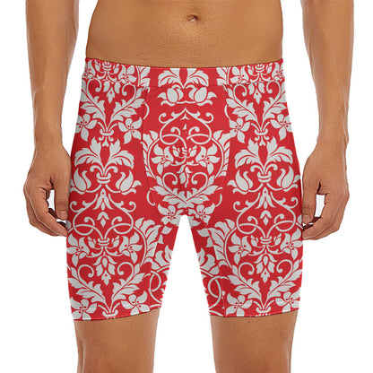 Red And White Damask Pattern Print Men's Long Boxer Briefs