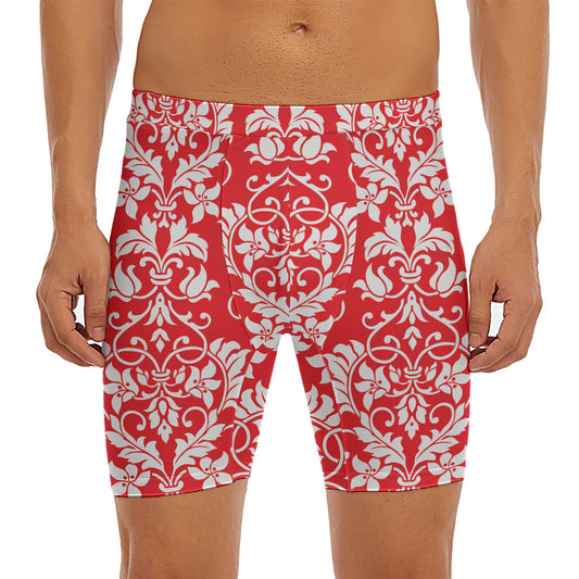 Red And White Damask Pattern Print Men's Long Boxer Briefs