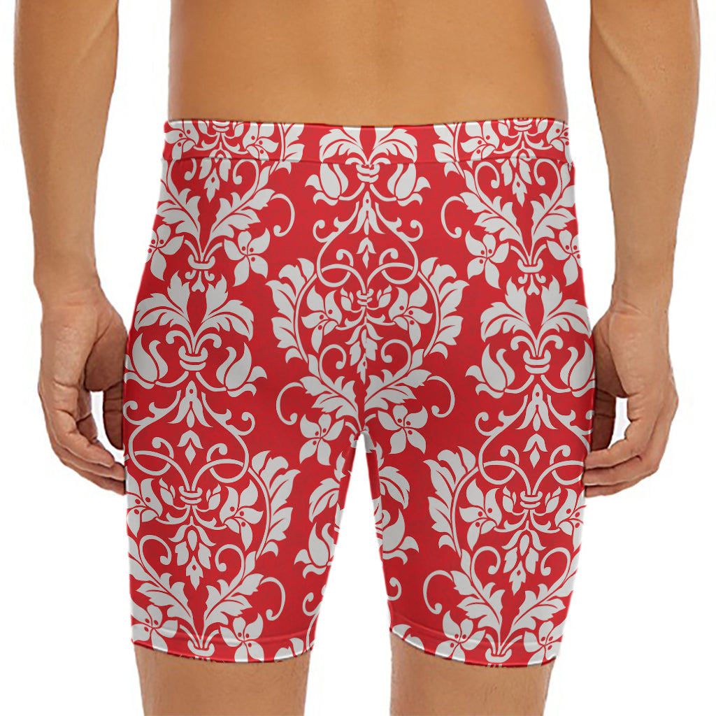 Red And White Damask Pattern Print Men's Long Boxer Briefs