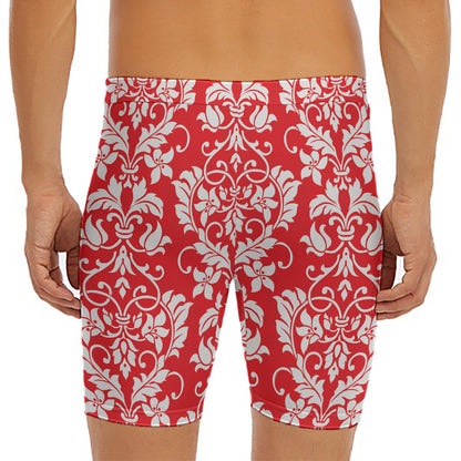 Red And White Damask Pattern Print Men's Long Boxer Briefs