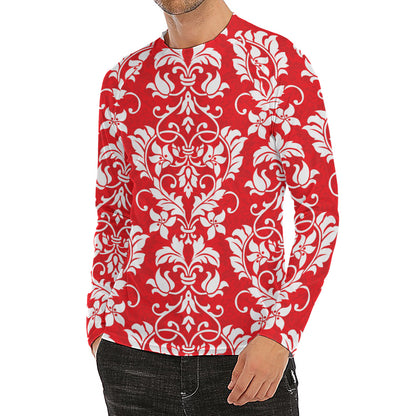 Red And White Damask Pattern Print Men's Long Sleeve Rash Guard