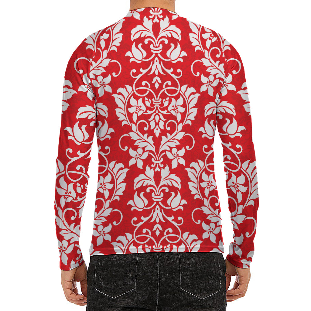 Red And White Damask Pattern Print Men's Long Sleeve Rash Guard
