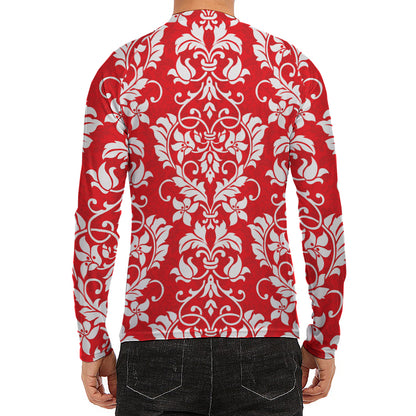 Red And White Damask Pattern Print Men's Long Sleeve Rash Guard