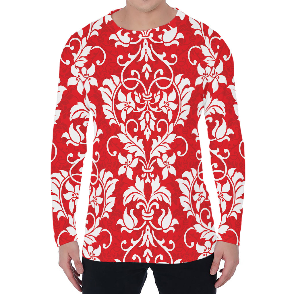 Red And White Damask Pattern Print Men's Long Sleeve T-Shirt