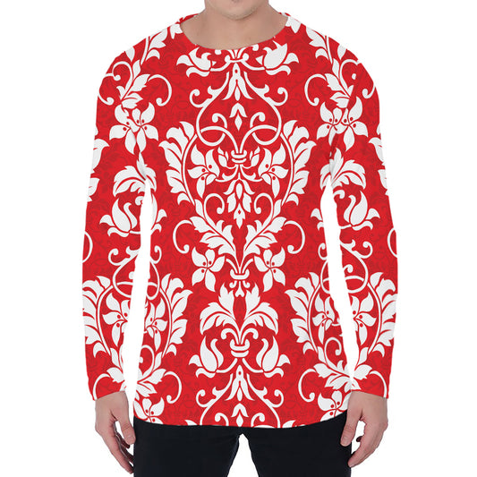 Red And White Damask Pattern Print Men's Long Sleeve T-Shirt