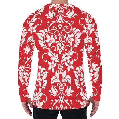 Red And White Damask Pattern Print Men's Long Sleeve T-Shirt