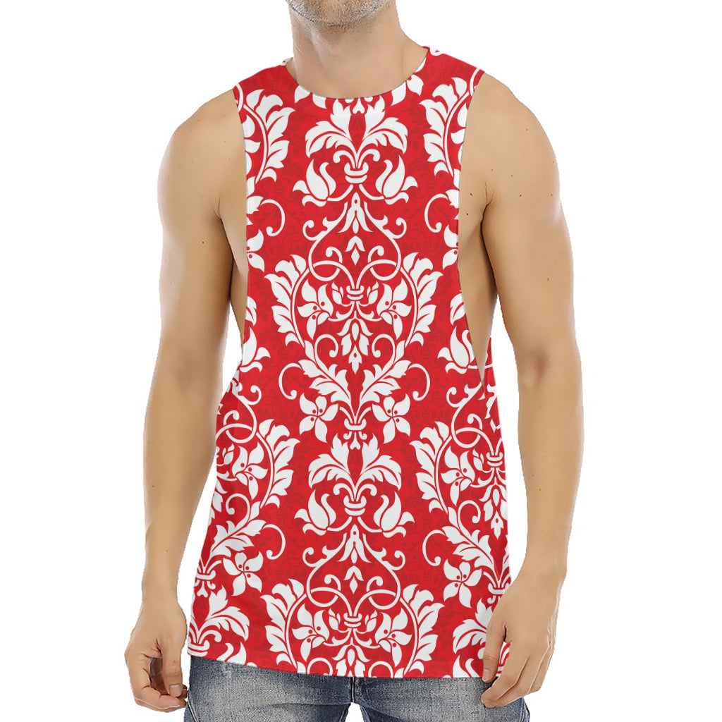 Red And White Damask Pattern Print Men's Muscle Tank Top