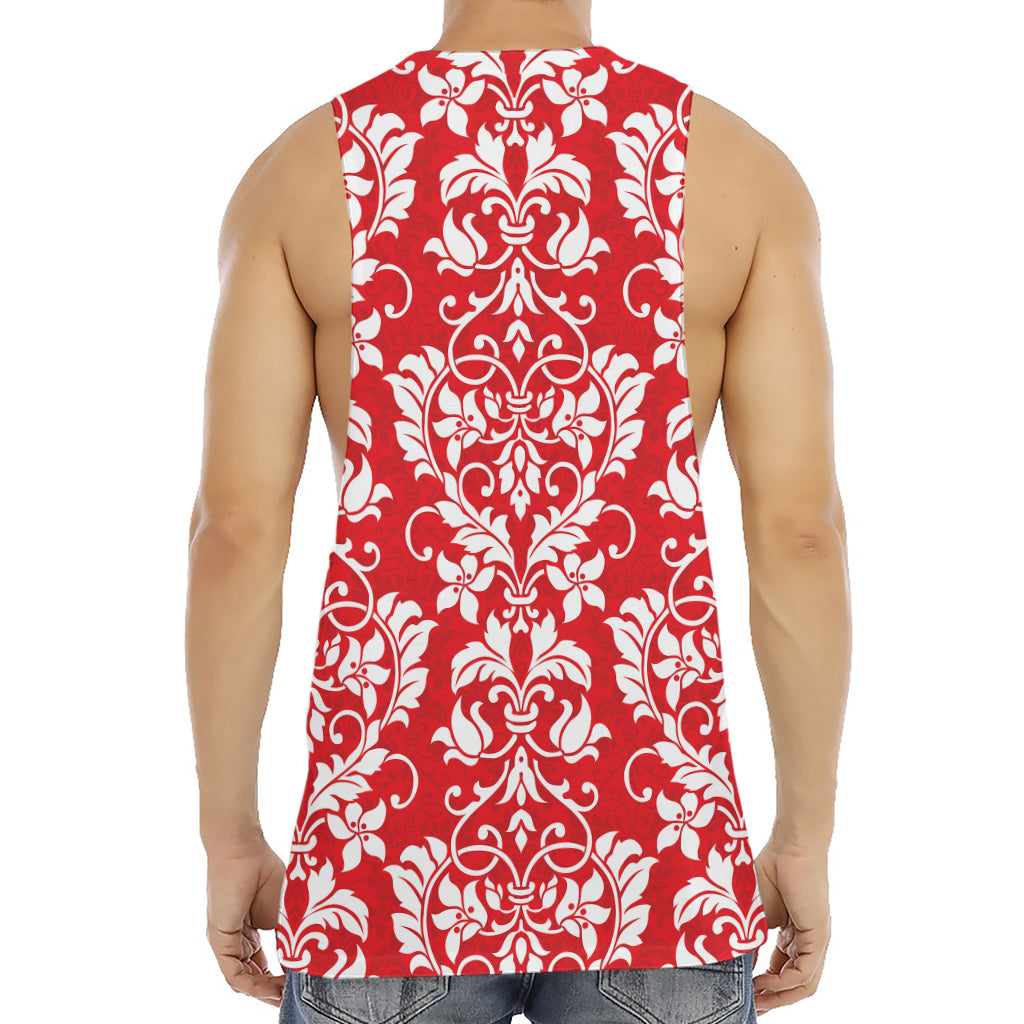 Red And White Damask Pattern Print Men's Muscle Tank Top