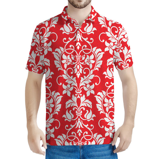 Red And White Damask Pattern Print Men's Polo Shirt