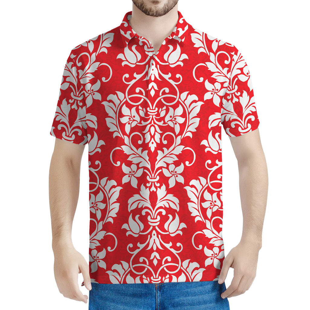 Red And White Damask Pattern Print Men's Polo Shirt