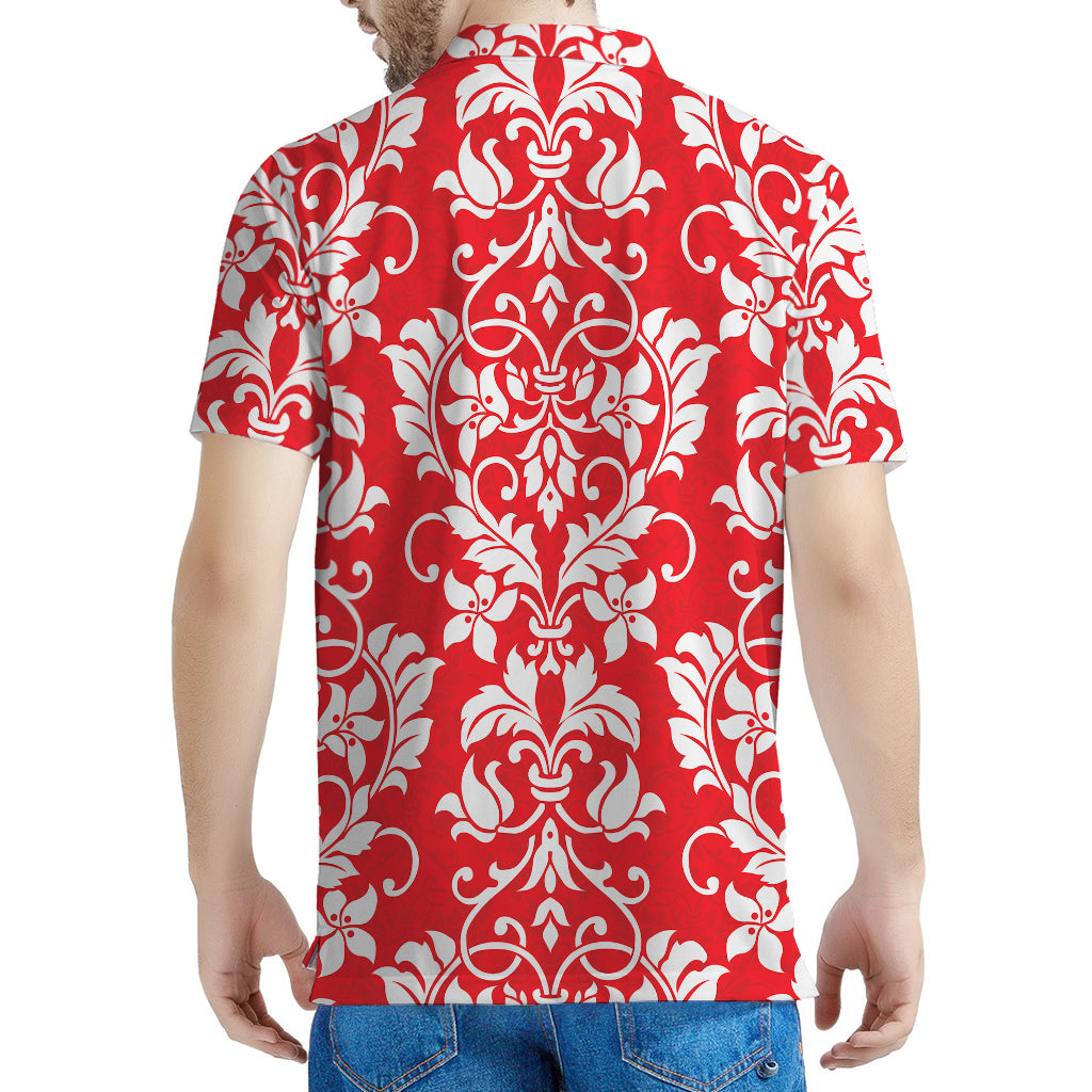 Red And White Damask Pattern Print Men's Polo Shirt