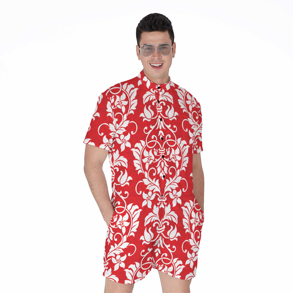 Red And White Damask Pattern Print Men's Rompers