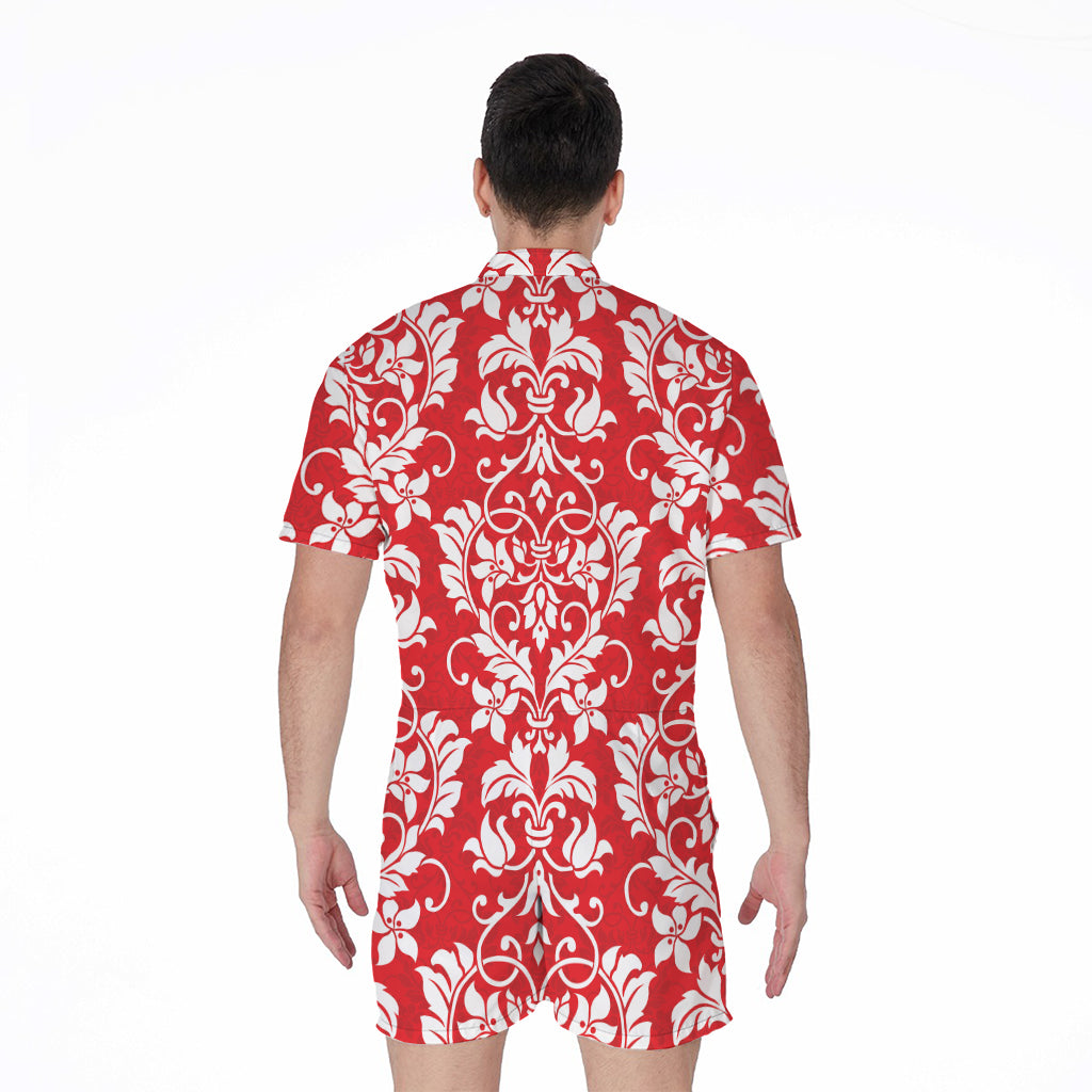 Red And White Damask Pattern Print Men's Rompers