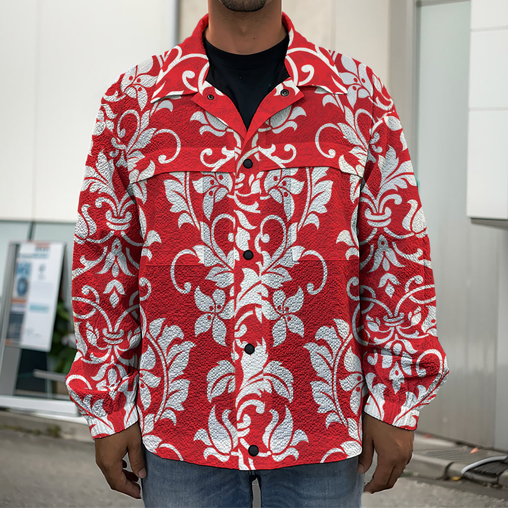 Red And White Damask Pattern Print Men's Shirt Jacket