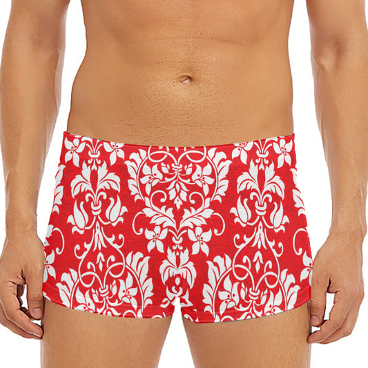Red And White Damask Pattern Print Men's Short Boxer Briefs