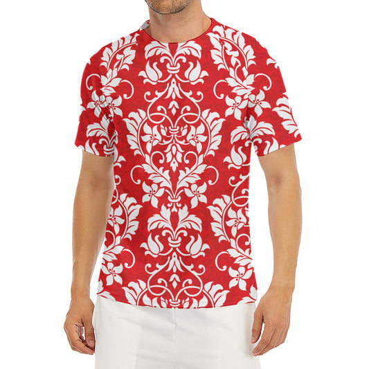 Red And White Damask Pattern Print Men's Short Sleeve Rash Guard