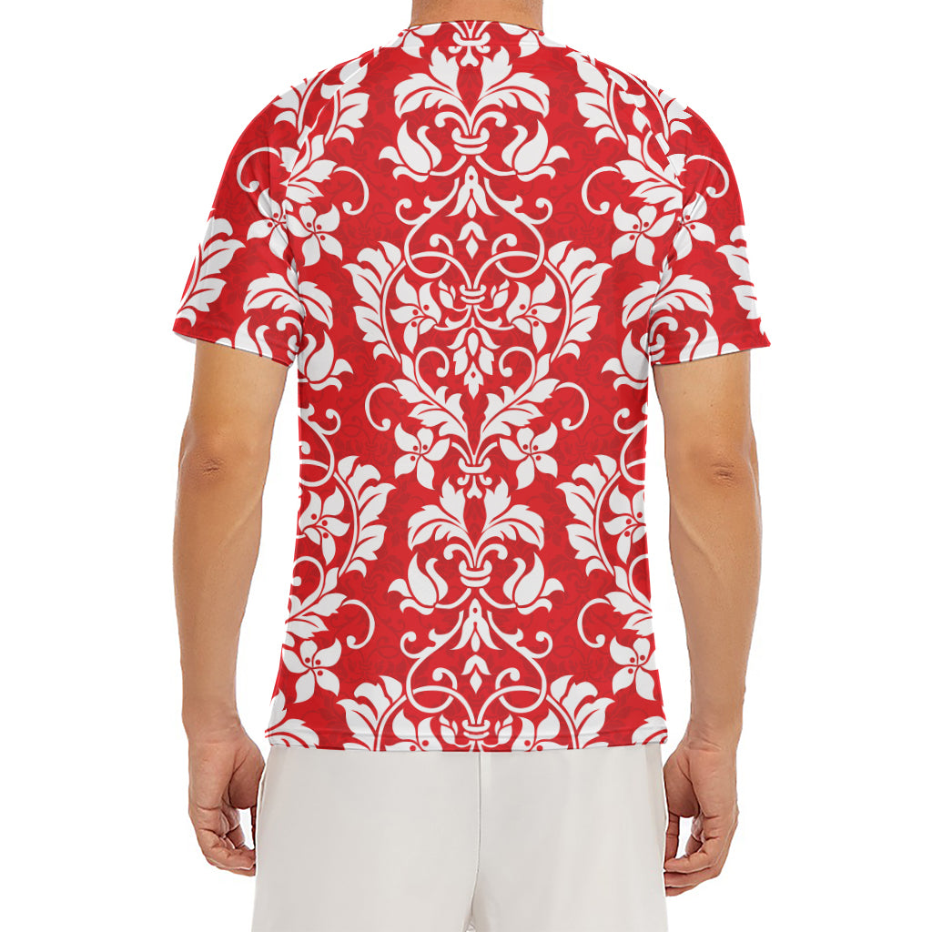 Red And White Damask Pattern Print Men's Short Sleeve Rash Guard