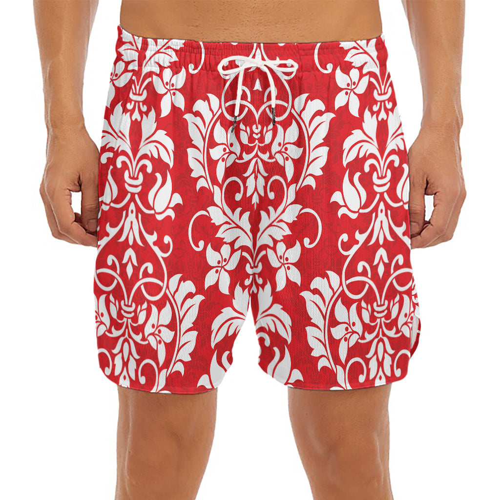 Red And White Damask Pattern Print Men's Split Running Shorts