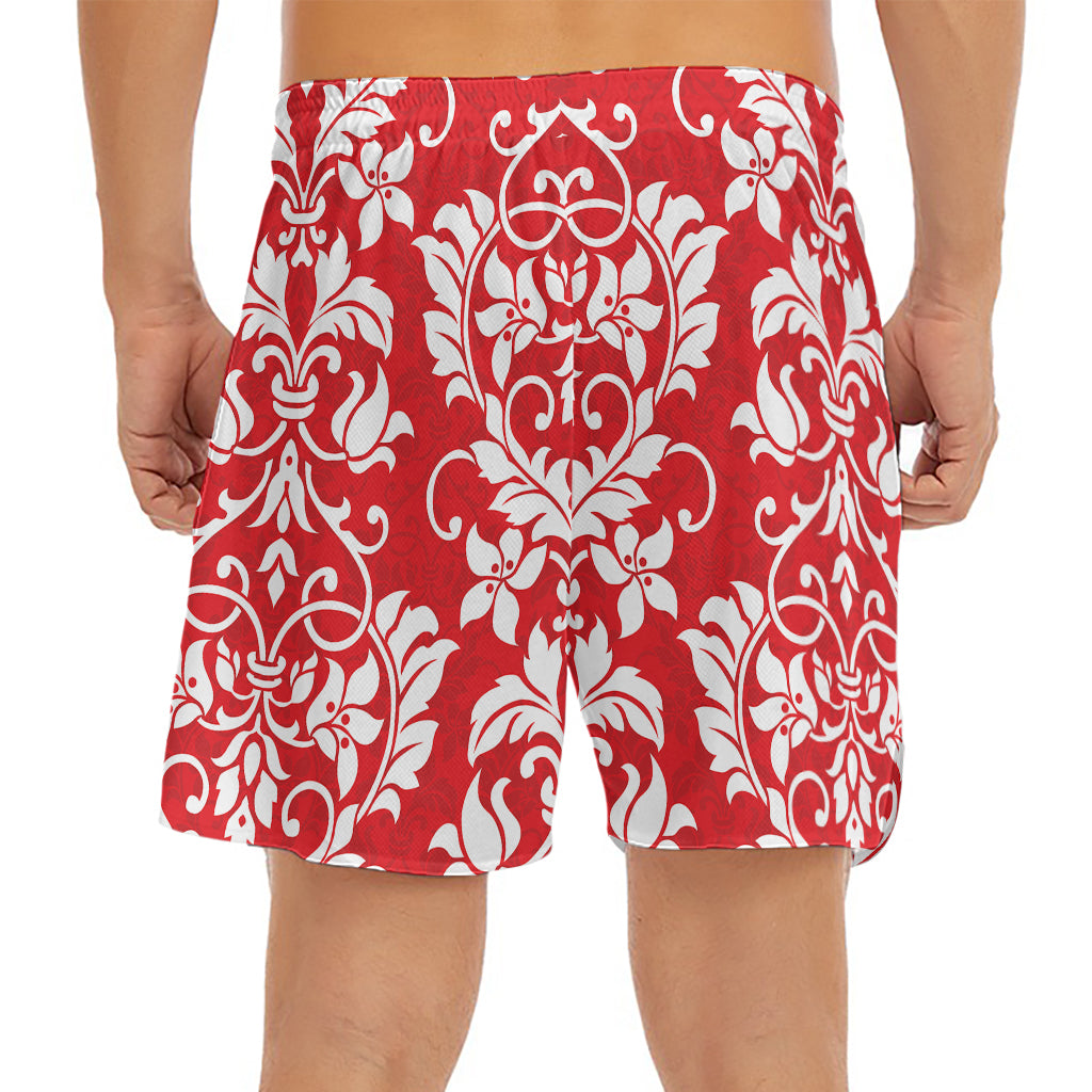 Red And White Damask Pattern Print Men's Split Running Shorts