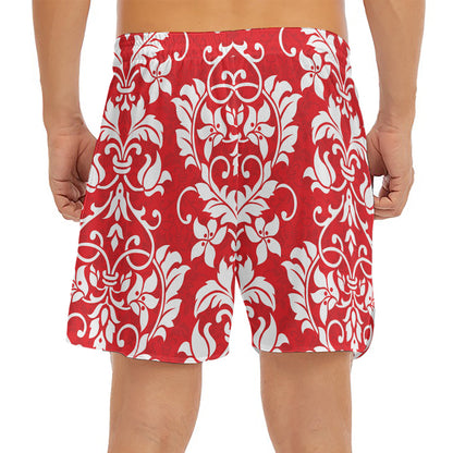 Red And White Damask Pattern Print Men's Split Running Shorts