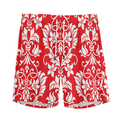 Red And White Damask Pattern Print Men's Sports Shorts