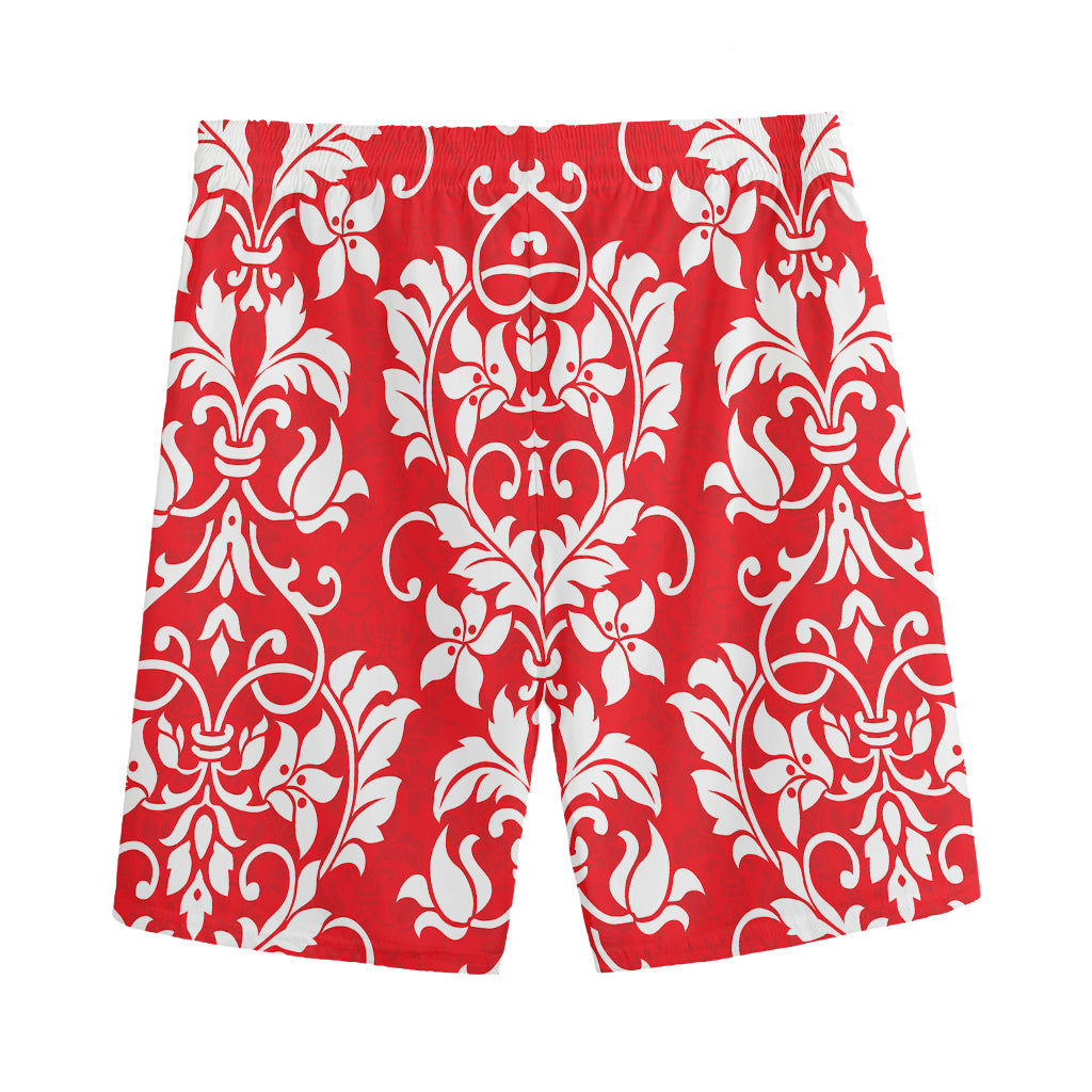 Red And White Damask Pattern Print Men's Sports Shorts