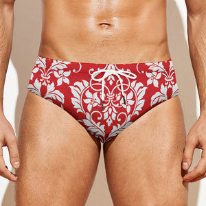 Red And White Damask Pattern Print Men's Swim Briefs