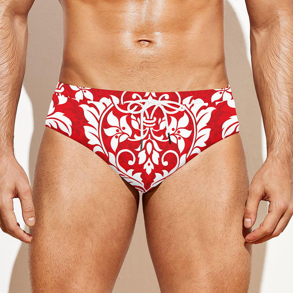 Red And White Damask Pattern Print Men's Swim Briefs