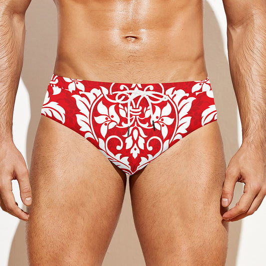 Red And White Damask Pattern Print Men's Swim Briefs