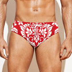 Red And White Damask Pattern Print Men's Swim Briefs