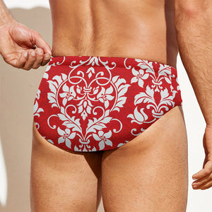 Red And White Damask Pattern Print Men's Swim Briefs