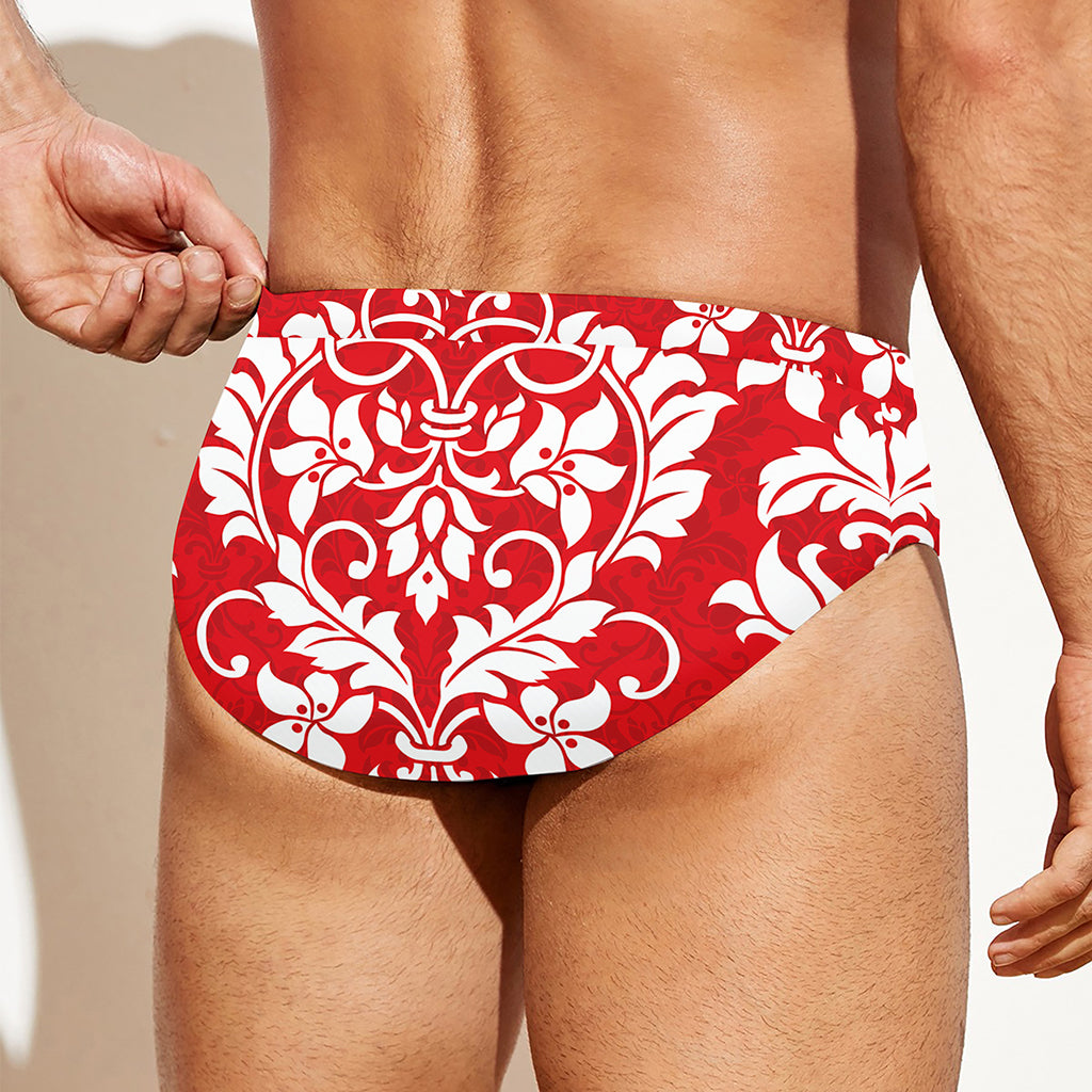 Red And White Damask Pattern Print Men's Swim Briefs