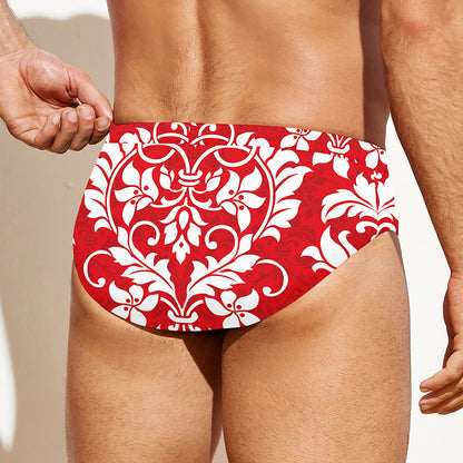 Red And White Damask Pattern Print Men's Swim Briefs