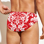 Red And White Damask Pattern Print Men's Swim Briefs
