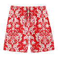 Red And White Damask Pattern Print Men's Swim Trunks