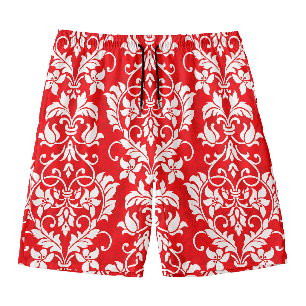 Red And White Damask Pattern Print Men's Swim Trunks