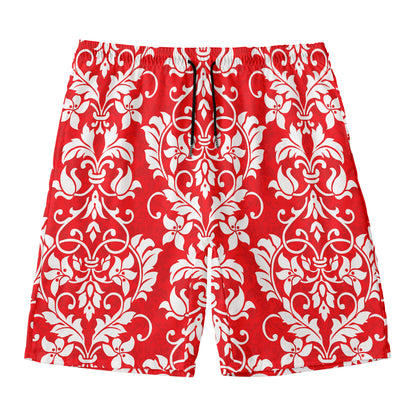 Red And White Damask Pattern Print Men's Swim Trunks