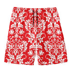 Red And White Damask Pattern Print Men's Swim Trunks