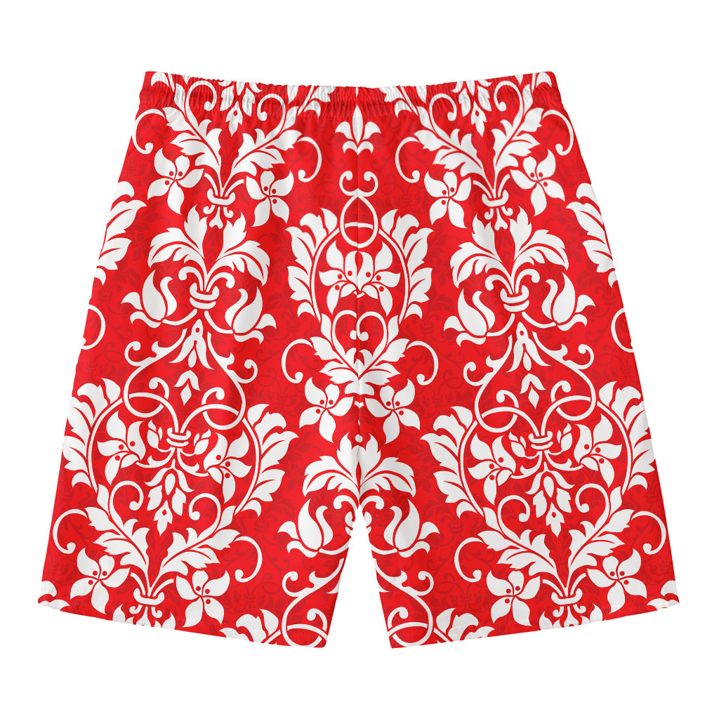 Red And White Damask Pattern Print Men's Swim Trunks