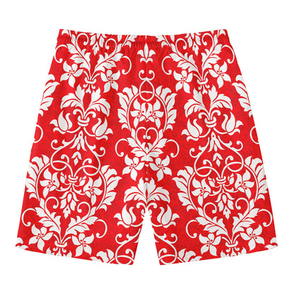 Red And White Damask Pattern Print Men's Swim Trunks