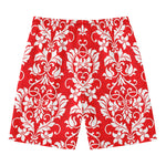 Red And White Damask Pattern Print Men's Swim Trunks