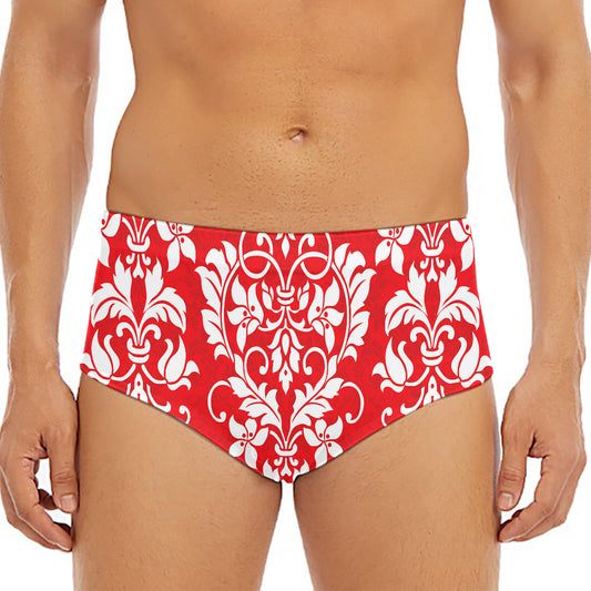 Red And White Damask Pattern Print Men's Triangle Swim Briefs